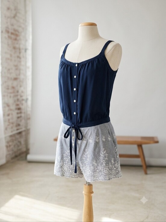 RACHEL Rachel Roy Pants - Rachel Roy Navy Blue Sleeveless Button Front Romper with Embroideredy, Size 2